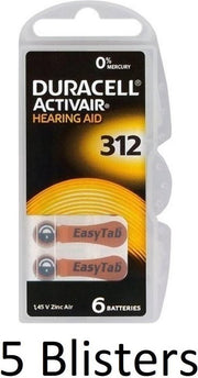 30 stuks (5 blisters a 6 st) Duracell DA312 hoorapparaat batterij