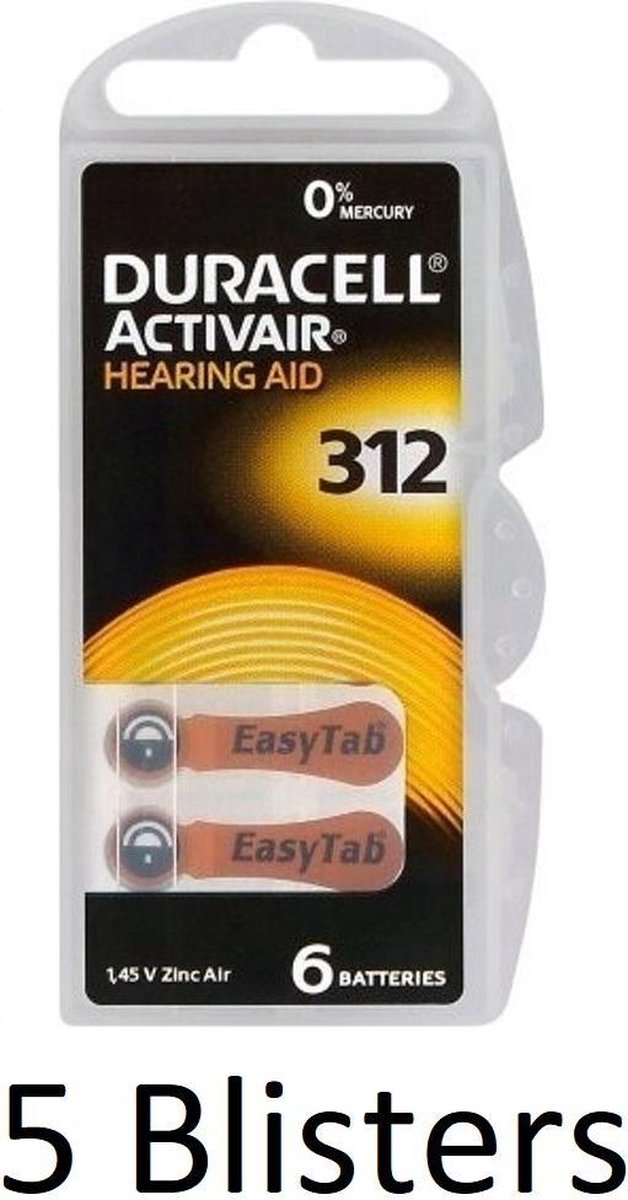 30 stuks (5 blisters a 6 st) Duracell DA312 hoorapparaat batterij