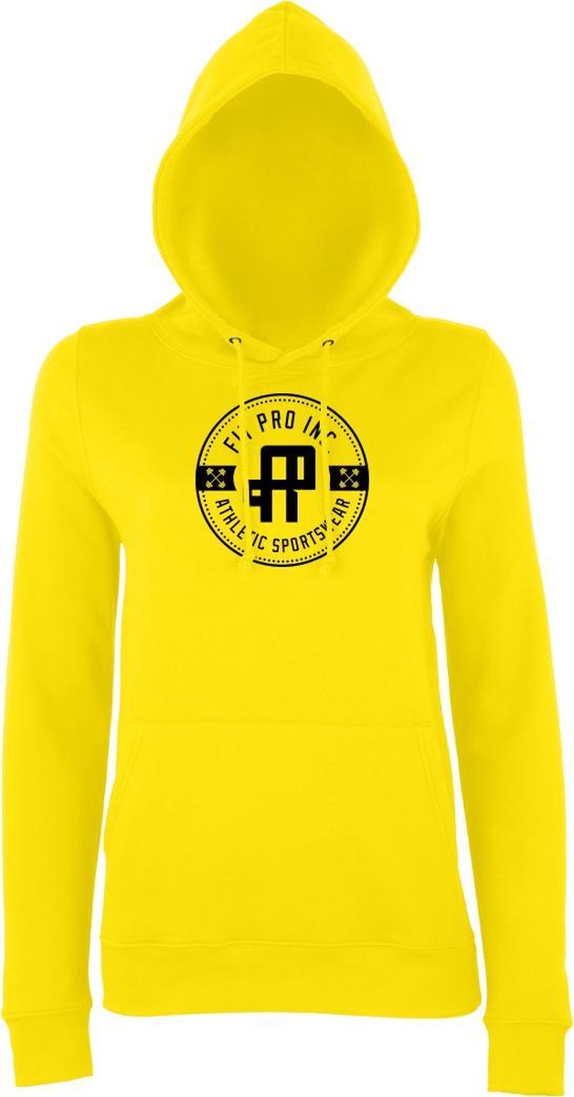 FitProWear  Hoodie Dames  Badge - Geel  - Maat XL - Dames  - Trui - Slim Fit - Slim Fit Trui - Getailleerde trui - Trui getailleerd - Sporttrui - Sweater - Hoodie - Katoen / Polyester - Trui Capuchon - Sportkleding -