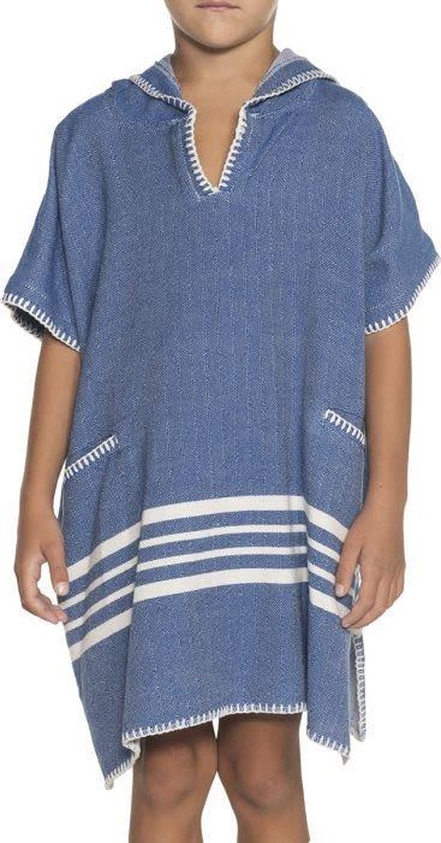 Kinder Strandponcho Hamam Royal Blue - Leeftijd 4-5 jaar (104/110) - kinderponcho - badponcho - strandcape - badcape - jongens/meisjes/unisex pasvorm - poncho handdoek voor kinderen met capuchon - zwemponcho - badcape
