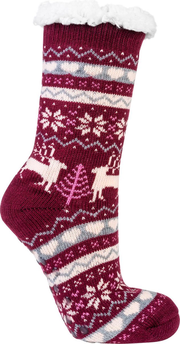 Socks4Fun - Warme huissok - anti slip zool - wijnrood / paars - 1 maat - B