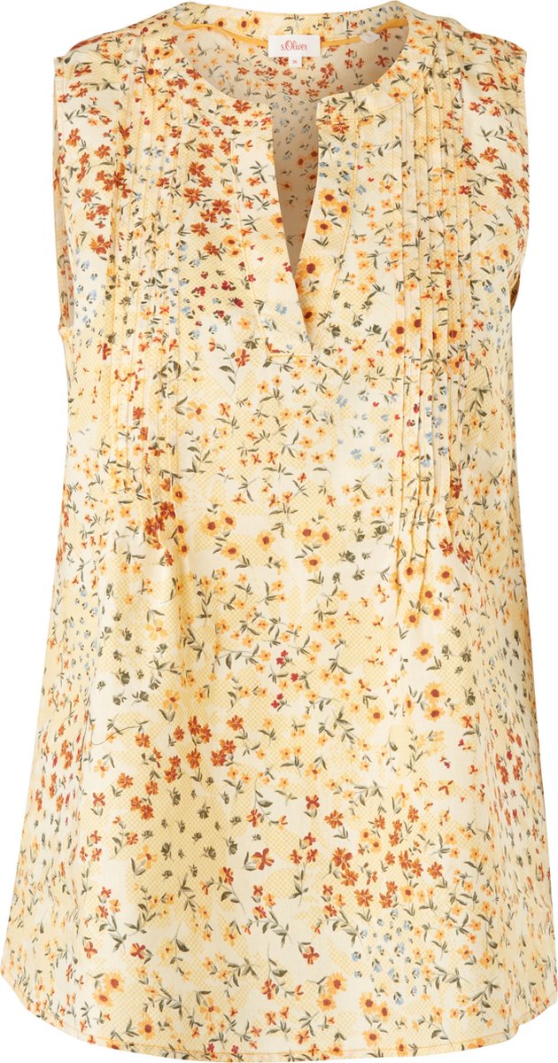 s.Oliver Blouse Dames Mouwloos - Regular Fit - V Hals - 100% Linnen - Geel met Bloemenprint - Maat 3XL (46)