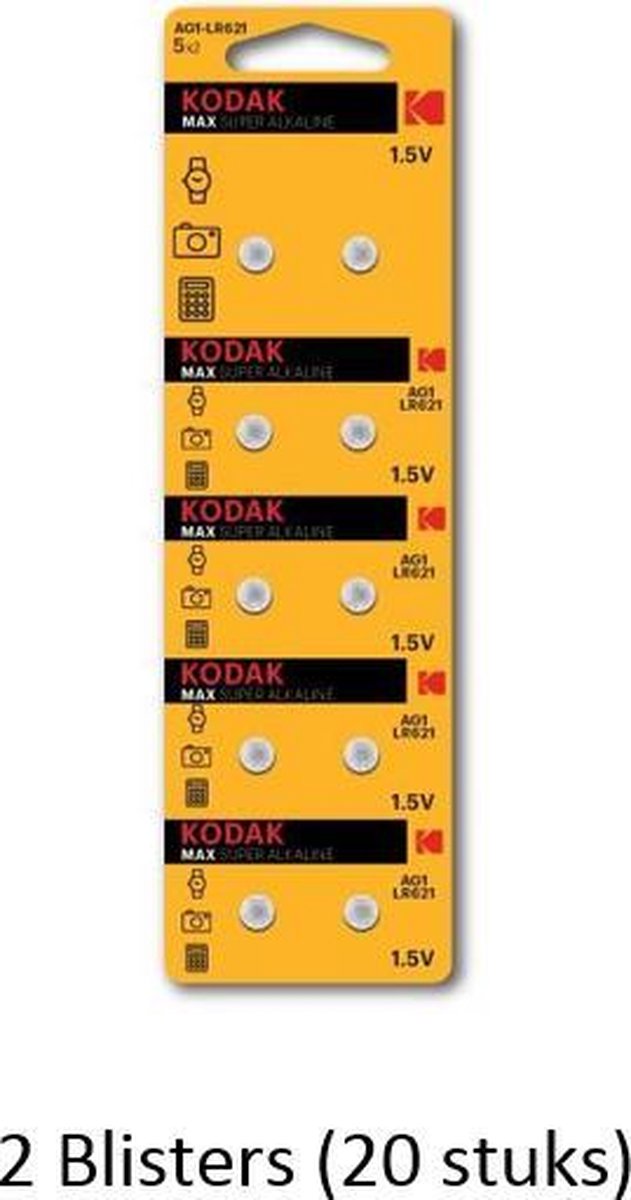 20 stuks (2 blisters a 10 stuks) Kodak AG1 alkaline knoopcel 1.5v