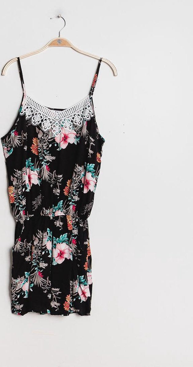 Dames Jumpsuit | playsuit | bloemen-print |spaghettibandjes | Elastiek taille |L-XL| Zwart