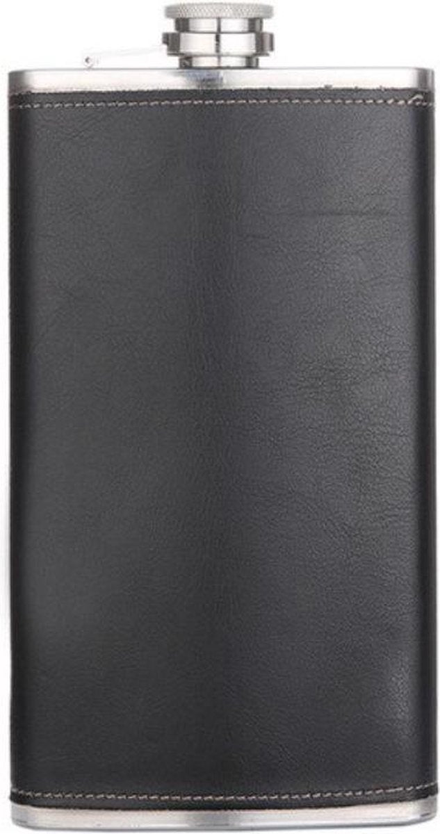 Zwart kunstlederen RVS heupfles 354 ml / 12 oz - Veldfles zwart PU leder - Platvink - Zakflacon - Heupflacon zwart leer - Drankfles - Drankflacon - PU Leren Zakfles - Leather