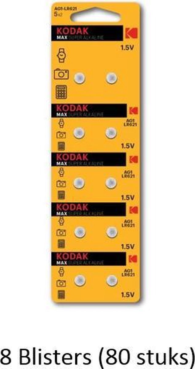 80 stuks (8 blisters a 10 stuks) Kodak AG1 / LR621  alkaline knoopcel 1.5v