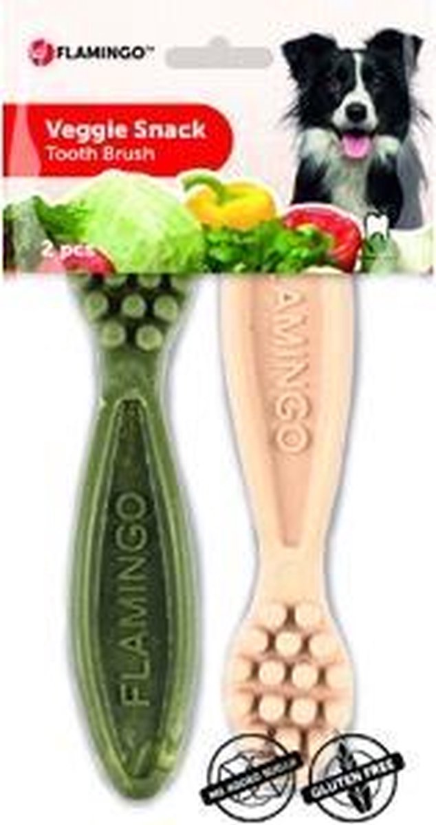 Flamingo hondensnack Veggie tandenborstel 10cm 8st mix