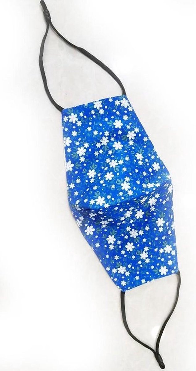 Mondkapje - Mondkapjes -Blauw  - Ov - Gebloemd - Dames - Vrouwen - Meisjes - Kinderen - Herbruikbaar - Mondmasker - Gezichtsmasker- Facemask - Mondkapjes Met Elastiek - Blauw - Wit - Print - Modieus - Niet Medisch - 100% Katoen - Verstelbaar - J13