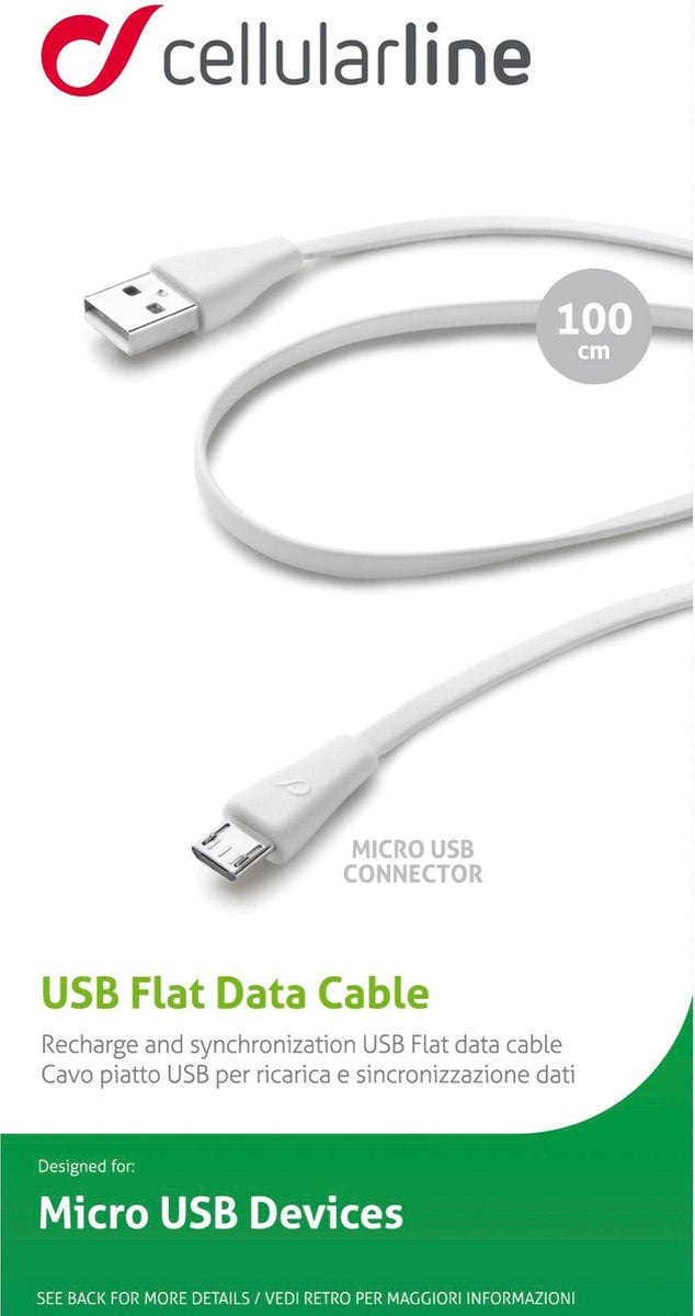 Cellularline USBDATACMICROUSBW USB-kabel 1 m USB 2.0 USB A Micro-USB B Wit