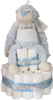 Luiertaart 2 laags - Blauw aapje met naam - Gepersonaliseerd - Babyshower - kraamcadeau - knuffel