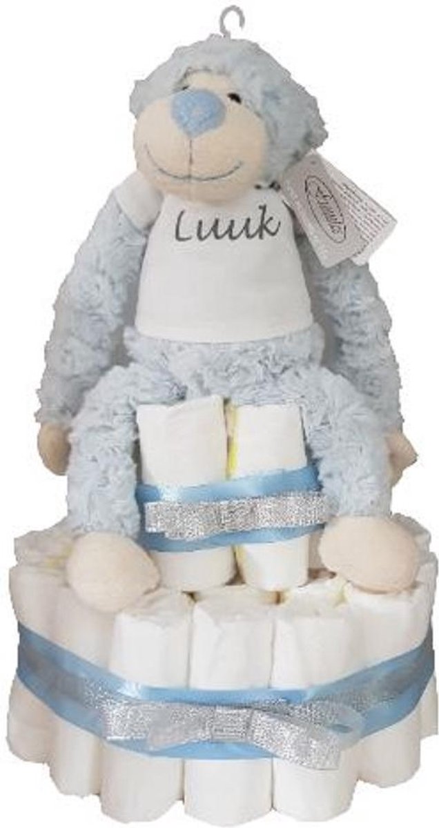 Luiertaart 2 laags - Blauw aapje met naam - Gepersonaliseerd - Babyshower - kraamcadeau - knuffel