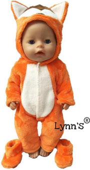 Poppenkleertjes | Geschikt voor Baby Born | Vos onesie met slofjes| Oranje en Bruin | Met capuchon | Pyjama