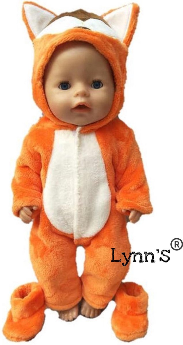 Poppenkleertjes | Geschikt voor Baby Born | Vos onesie met slofjes| Oranje en Bruin | Met capuchon | Pyjama