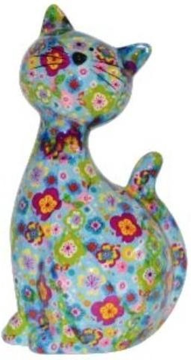 XL spaarpot kat/poes lichtblauw met bloemetjes 30 cm - Dieren spaarpotten