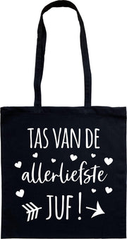 Tas - katoenen tas - juf - Tas van de allerliefste juf! - school - lange hengsels - boodschappentas - big shopper - stuks 1 - zwart