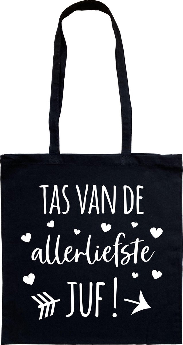 Tas - katoenen tas - juf - Tas van de allerliefste juf! - school - lange hengsels - boodschappentas - big shopper - stuks 1 - zwart