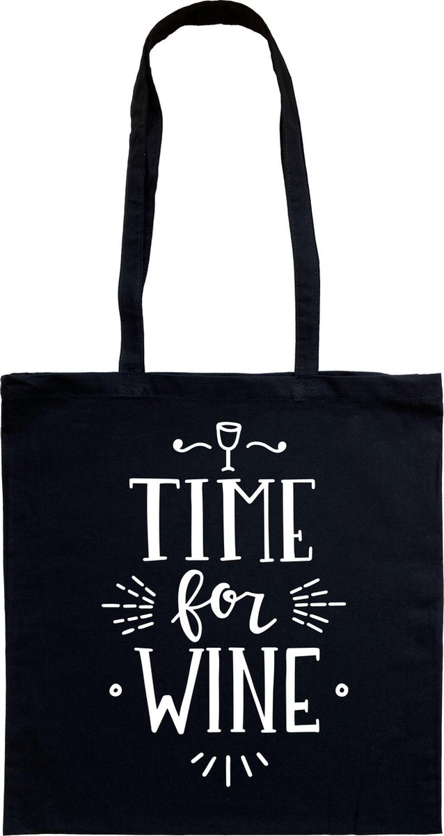 Tas - katoenen tas - wine - Time for wine - wijn - lange hengsels - boodschappentas - big shopper - stuks 1 - zwart
