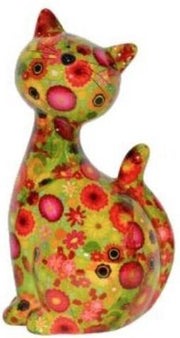 XL spaarpot kat/poes groen met bloemetjes 30 cm - Dieren spaarpotten