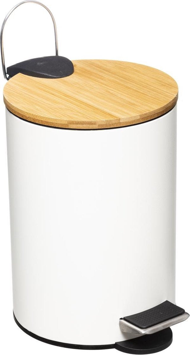 Pedaalemmer 3 liter met Bamboe Deksel ▪ Wit / Bamboe ▪ Vuilnisbak ▪ Afvalbak ▪ Softclose ▪ Stijlvol & Compact voor in de Badkamer - Toilet - Kantoor – Slaapkamer
