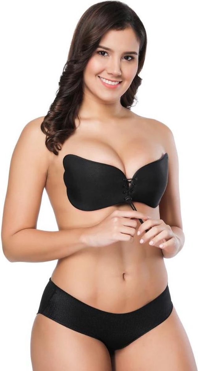 LYVION Strapless plak BH - met push up door de vetersluiting - Zwart 2020 Plakbeha A