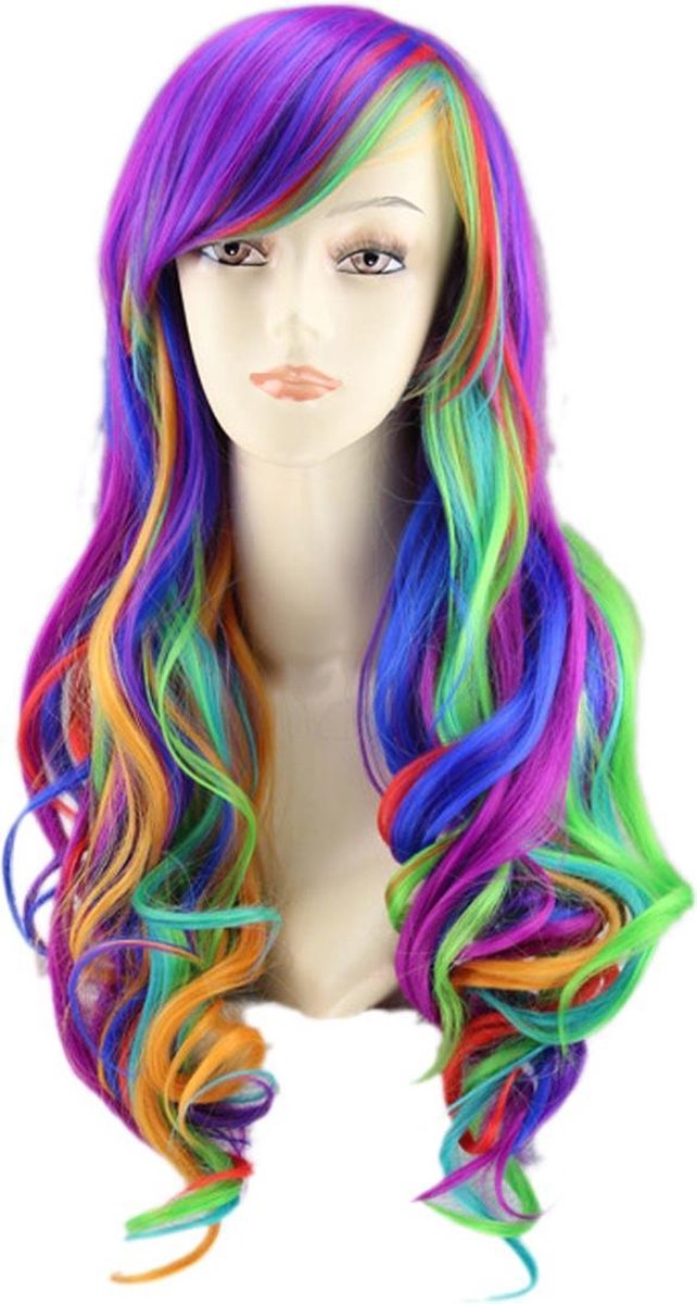 Regenboog pruik lange gekleurde pruik met schuine pony - unicorn eenhoorn