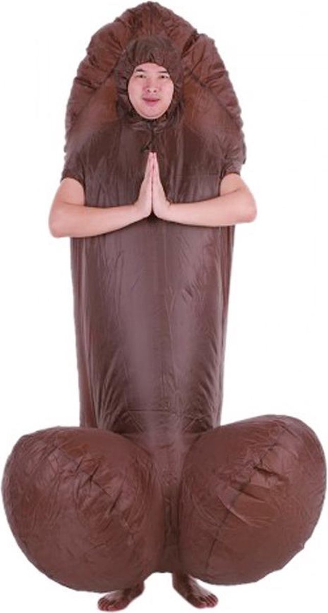 Opblaasbaar donkerbruin zwarte penis kostuum piemel pak - one size - vrijgezellenfeest mascotte piemelpak penispak
