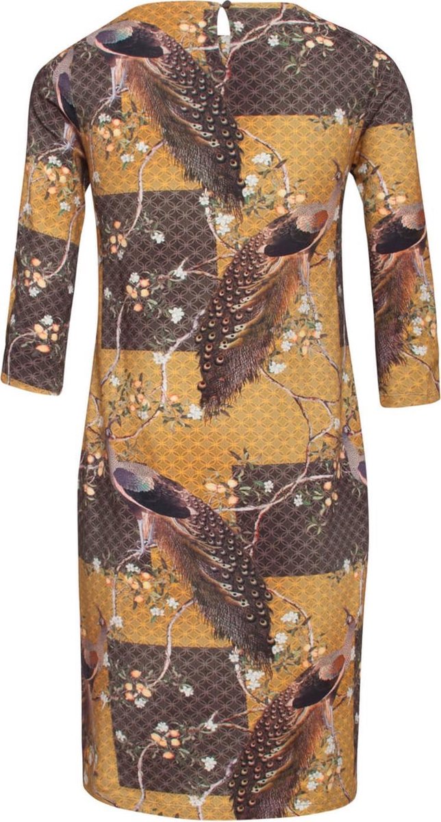 Smashed Lemon Chinoiserie Peacock 60's Pencil Jurk Mosterd
