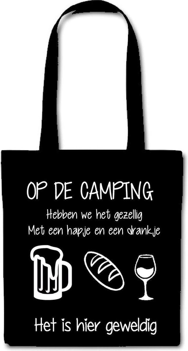 Tas tekst Op De camping hebben we het gezellig met een hapje en een drankje cadeau voor papa opa vaderdag mama oma moederdag verjaardag vrouw man met grappige tekst bedrukt cadeau opa mama papa opa oma vrouwen dames mannen heren anders dan tekstbord