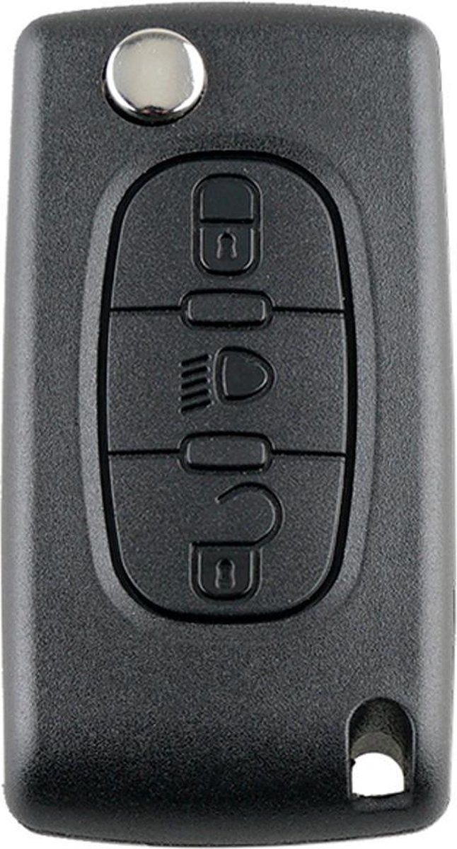 Peugeot - klapsleutel behuizing - 3 knoppen - middelste knop lamp bediening - VA2 sleutelbaard zonder zijgroef - CE0523 zonder batterijhouder in de achterdeksel - batterijhouder vast op de printplaat