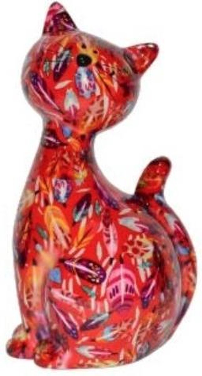 XL spaarpot kat/poes rood met bloemetjes 30 cm - Dieren spaarpotten