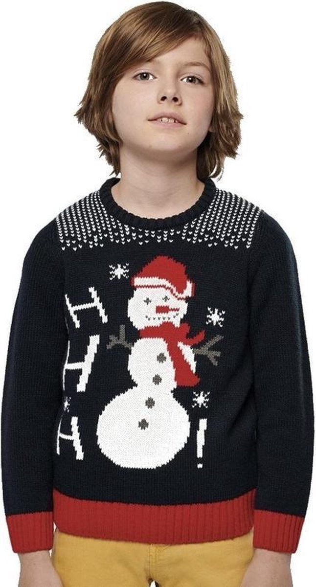 Foute gebreide kersttrui donkerblauw Sneeuwpop print voor kinderen - Winter/kerst sweater/pullover S (6/8)