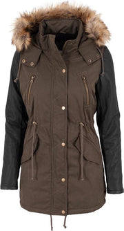 Urban Classics Parka jas -S- Leather Imitation Sleeve Bruin/Groen