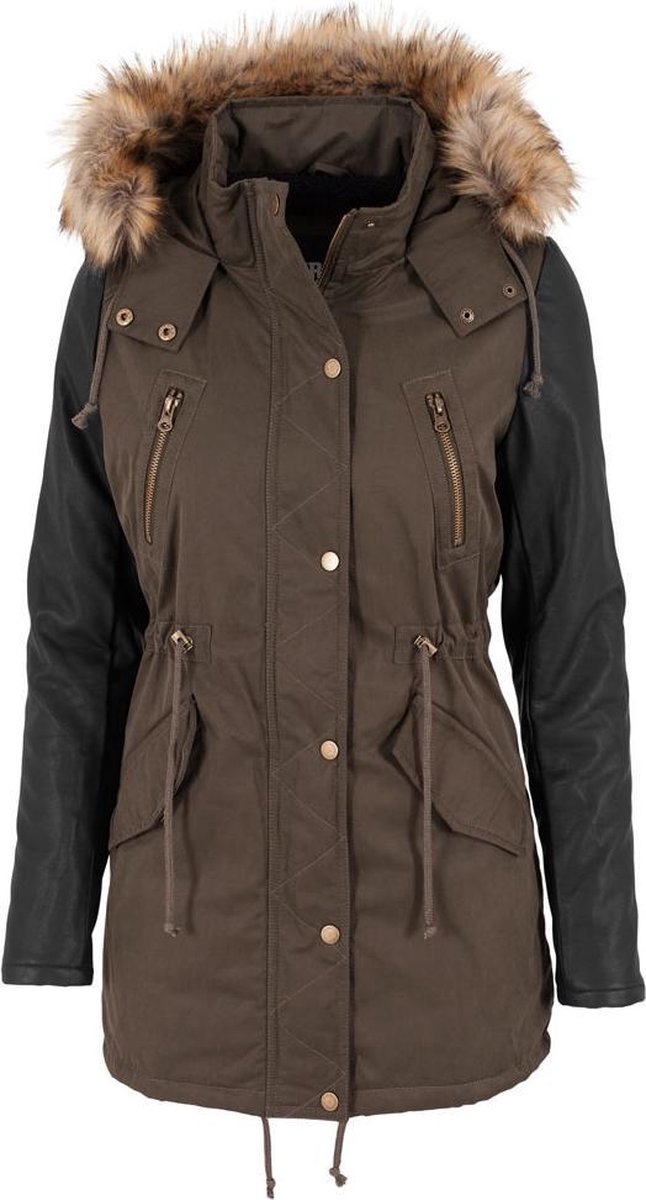 Urban Classics Parka jas -S- Leather Imitation Sleeve Bruin/Groen