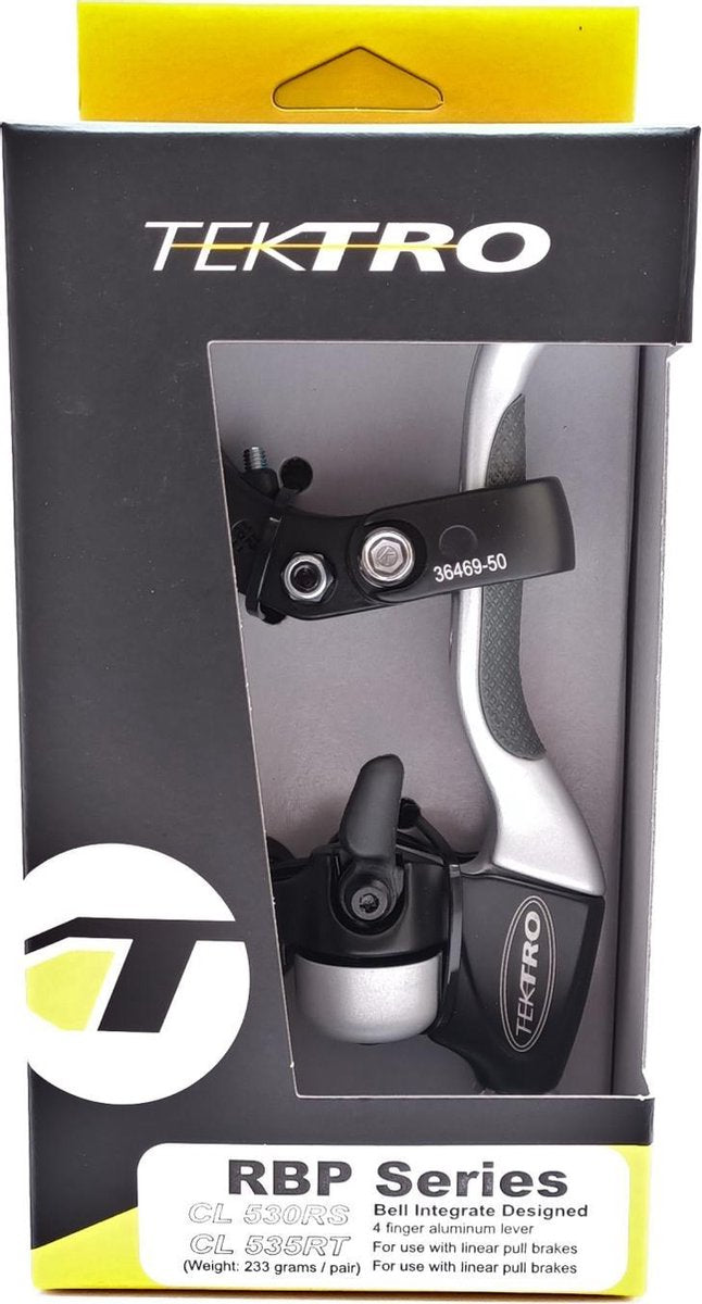 Tektro CL530TS+CL533RT V-brake remgreepset 4-vinger zwart/satijn  met bel (hangverpakking)