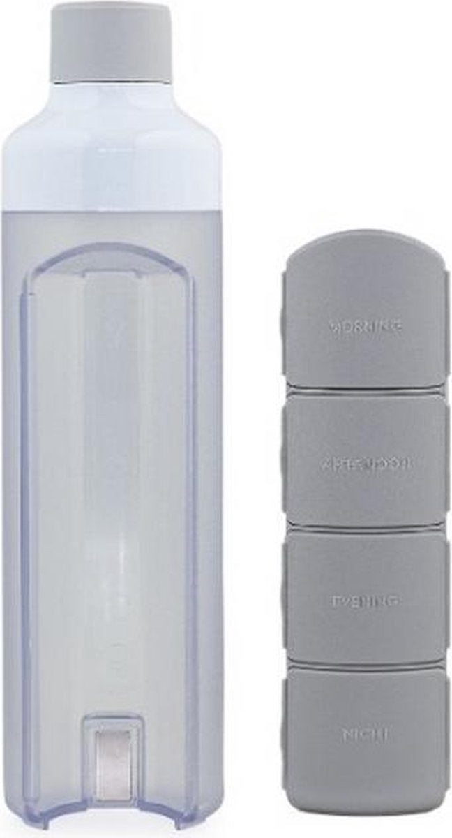 YOS Bottle - waterfles met pillendoos "Daily" 4 vaks - grijs