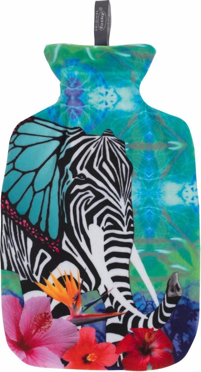 1x Warm water kruiken met hoes tropische print met olifant 2 liter - Warmwaterkruiken