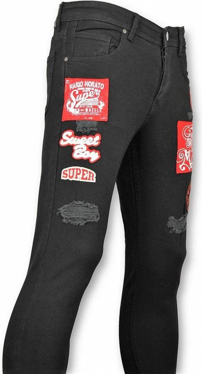 Mario Morato Skinny Heren Jeans - Jeans Kopen Heren - Applicatie 1480 - Zwart - Maten: 29