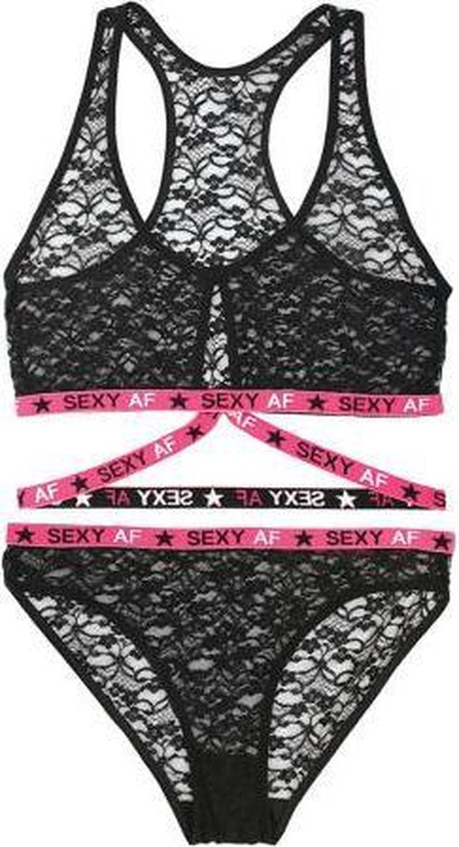 Kanten BH-Set Transparant -Zwart/Roze - QS 46-50 - Vibes - Zwart - XL - BH-sets / Lingerie