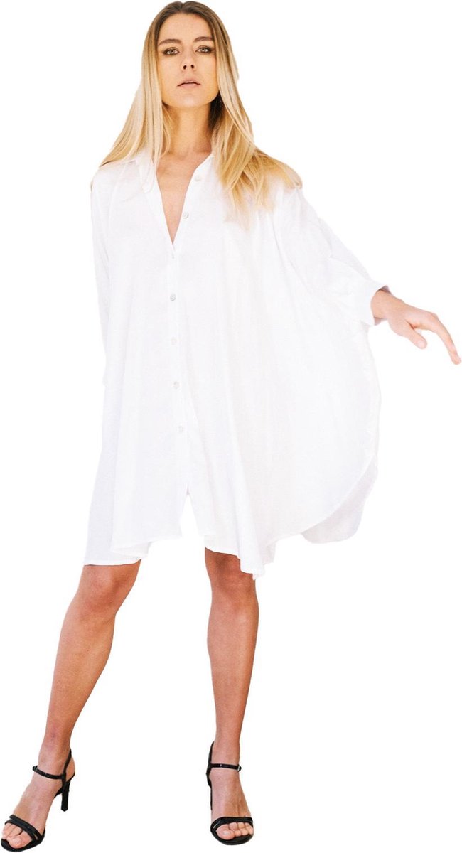 MALLORCA Blousejurk Dames van 100% Natuurlijk Tencel Stof en Organische Textielverf - Anti Allergie Overhemdjurk Dames Volwassenen / Zomerjurken / Strandjurk - Sneldrogende Jurken voor Vrouwen / Kleding Dames - Gebroken Wit