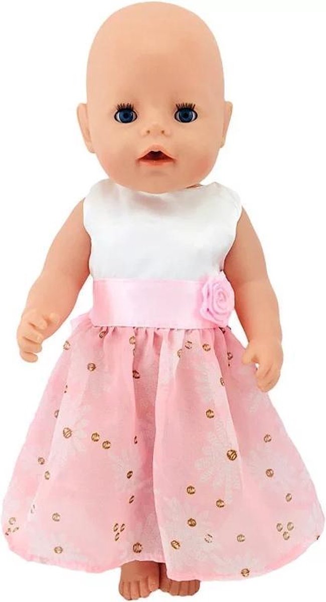 Poppenkleertjes - Geschikt voor Baby Born - Jurk met poefrokje - Wit en roze - Met roos - Nette jurk voor kerst