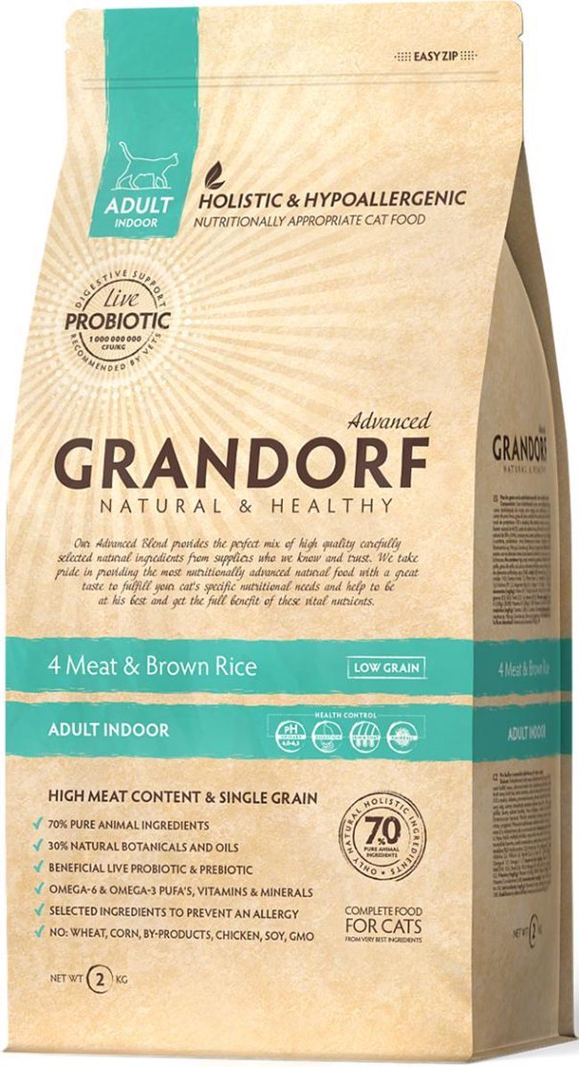 Grandorf kat 4 meat & brown rice adult indoor 2kg