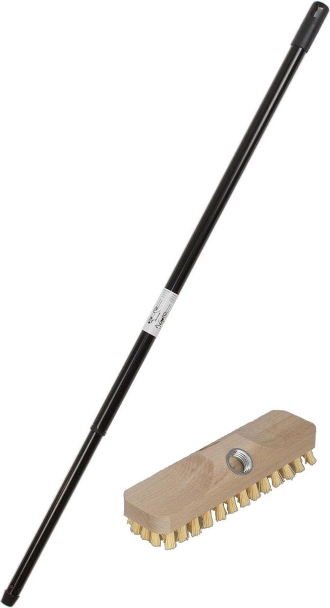 Houten luiwagen schrobborstel/schrobber inclusief metalen telescoopsteel zwart 130 cm - Schoonmaakborstels