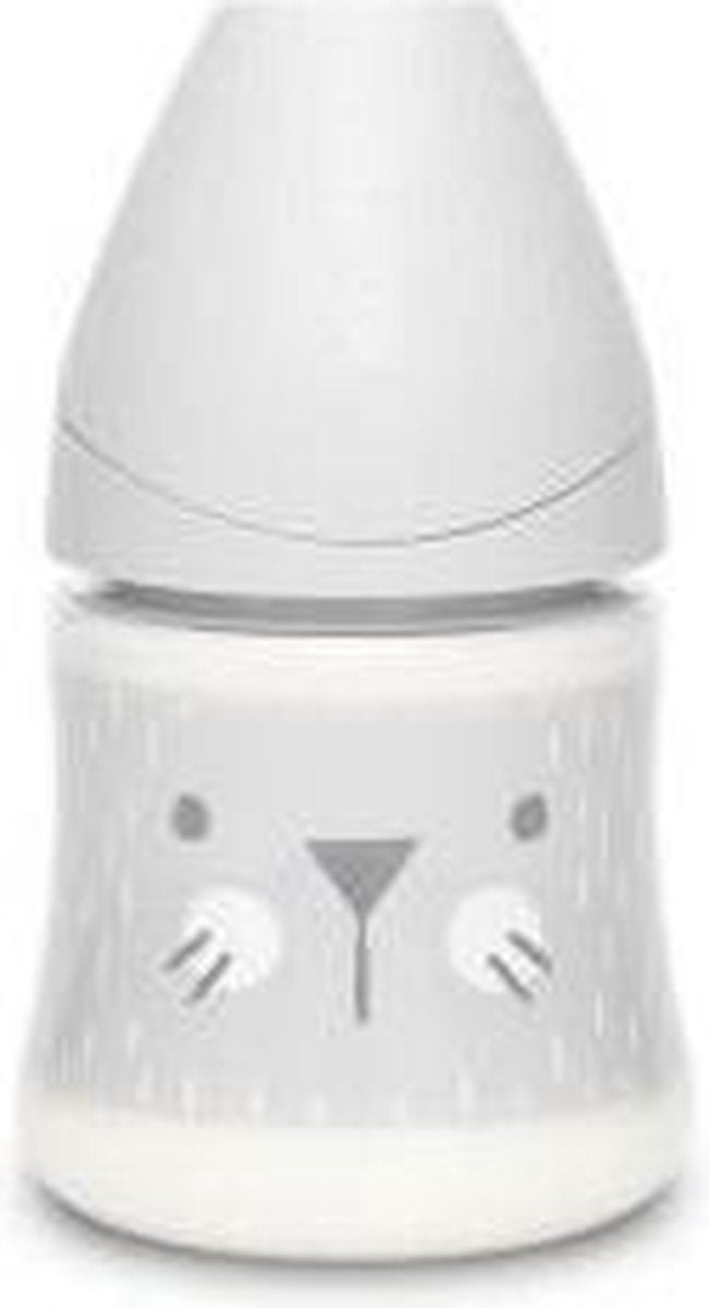 SUAVINEX 150 ml fles ronde speen met langzame stroom - grijze snor