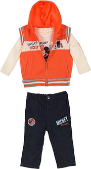 Disney Mickey Mouse - 3-delige outfit - Mouwloze Oranje Bodywarmer - Witte trui - Navy jeans - 68 cm - 6 maanden