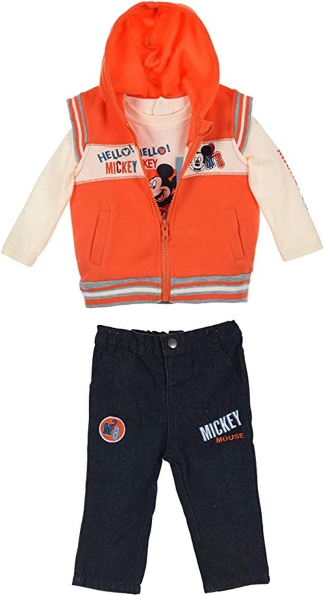 Disney Mickey Mouse - 3-delige outfit - Mouwloze Oranje Bodywarmer - Witte trui - Navy jeans - 68 cm - 6 maanden