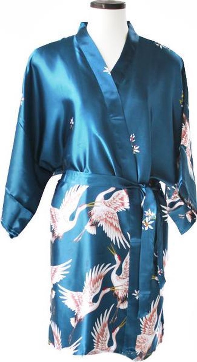 TA-HWA Korte Kimono met Kraanvogels Turquoise Dames Kimono S