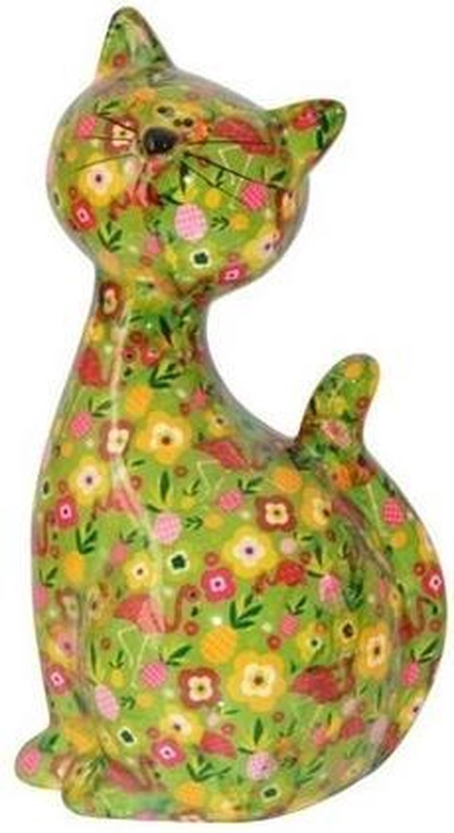 XL spaarpot kat/poes groen met flamingos en bloemen 30 cm - Dieren spaarpotten