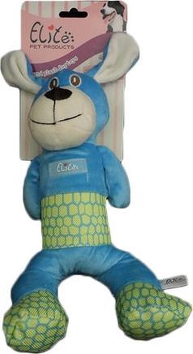 Een vrolijke hond als knuffel met piepjes.