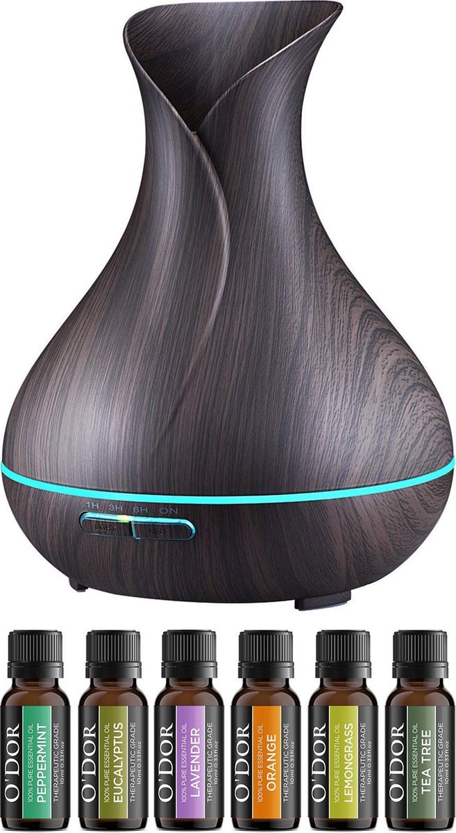 O'dor® Cadeau Set Aroma Diffuser met Extra 6 flesjes Etherische Olie - Vernevelaar - Luchtbevochtiger – Verdamper – Aromatherapie - Geurverspreider - Hout Look