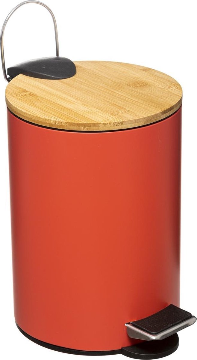 Pedaalemmer 3 liter met Bamboe Deksel ▪ Rood Rose / Bamboe ▪ Vuilnisbak ▪ Afvalbak ▪ Softclose ▪ Stijlvol & Compact voor in de Badkamer - Toilet - Kantoor – Slaapkamer